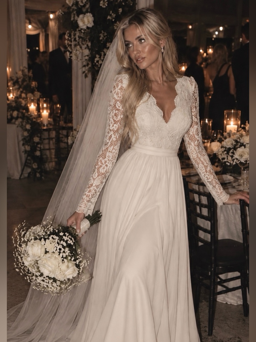 Awaken My Love Elegant Lace Long-Sleeve Formal Stylish Chic Bridal Wedding Dress